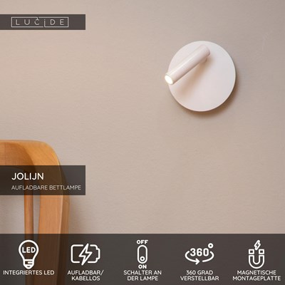 Lucide JOLIJN - wiederaufladbare Bettlampe / Wandleuchte - Akku/Batterie - Ø 10,2 cm - LED - 1x2W 3000K - Magnetisch - Weiß